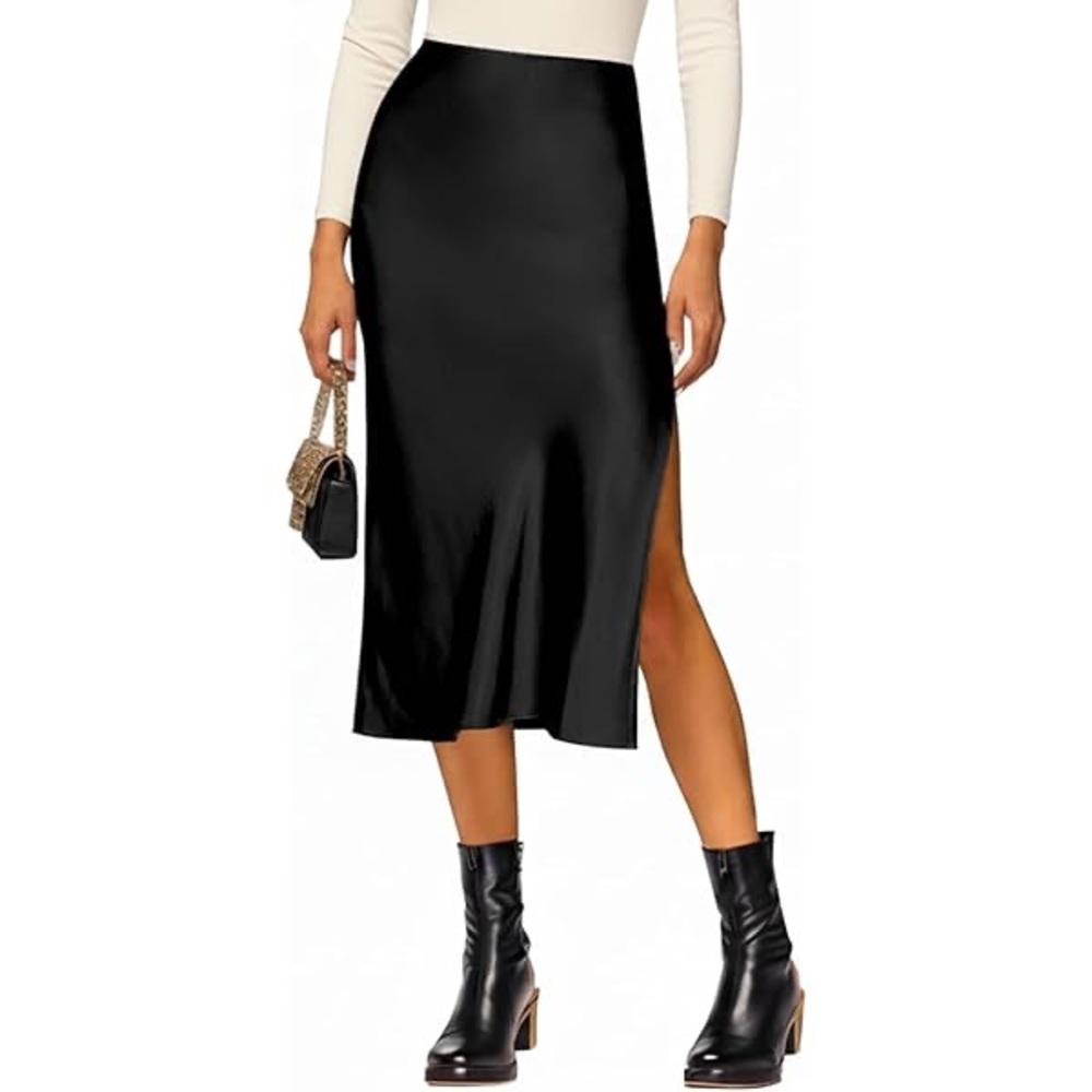 Elegant Black Midi Satin Skirt with Side Slit